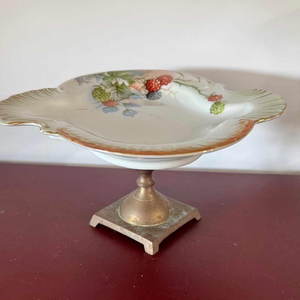 Recreated vintage hand-painted porcelain trinket or candy dish,w/brass pedestal